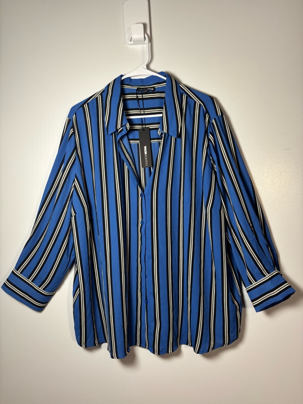 Fashion Nova Blue Black White Striped Button-Down Shirt